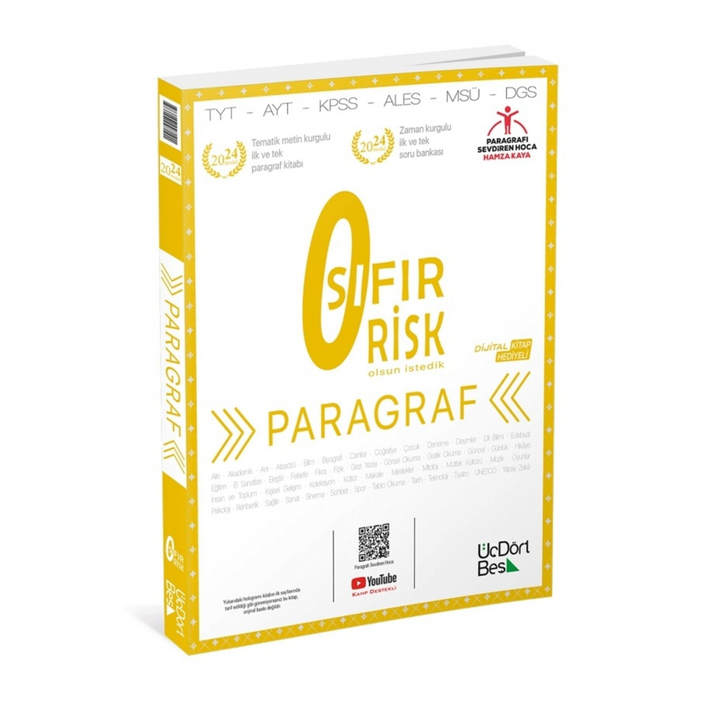 2024 TYT Paragraf Sıfır Risk Soru Bankası Video Çözümlü Üç Dört Beş Yayınları