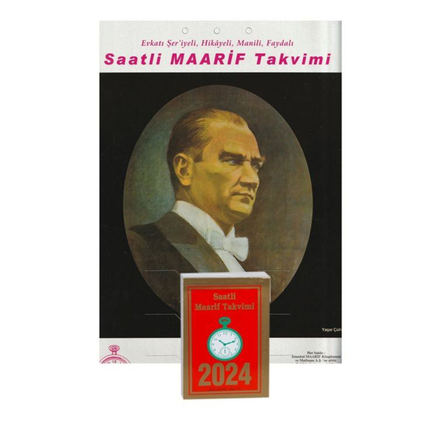 2024 Küçük Boy Saatli Maarif Takvimi ve Atatürk Renkli Çizim Görselli Arka Karton (Kod:16) & 8 x ...