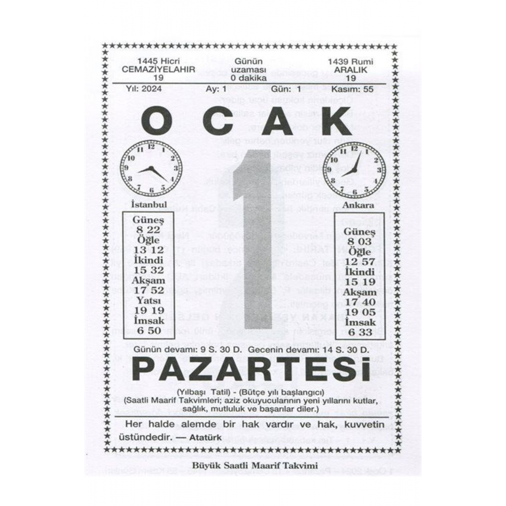 2024 Küçük Boy Saatli Maarif Takvimi ve Atatürk Renkli Çizim Görselli Arka Karton (Kod:16) & 8 x ...