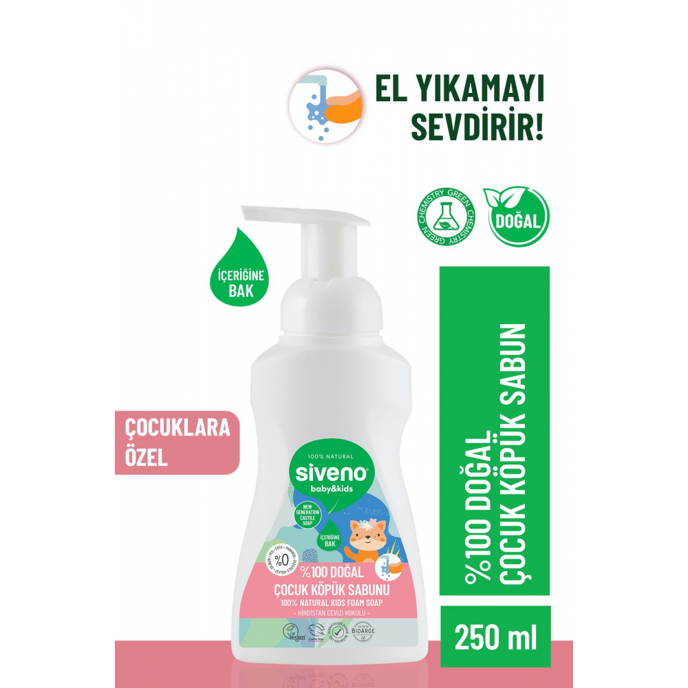 %100 Doğal Zeytinyağlı Çocuk Köpük Kastil Sabun Yoğun Nemlendirici Arındırıcı Bitkisel Vegan 250ml