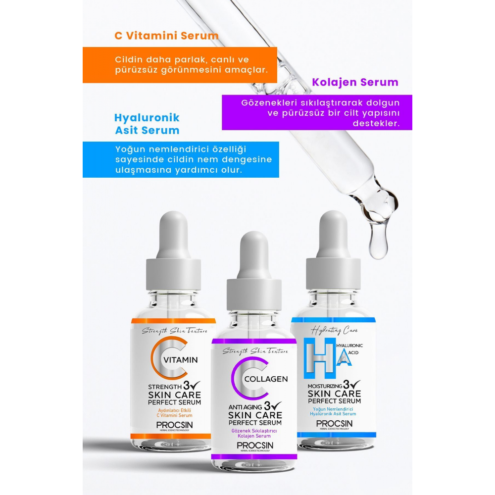Üçlü Serum Paketi (C VİTAMİNİ - KOLAJEN - HYALURONİK ASİT SERUMU)
