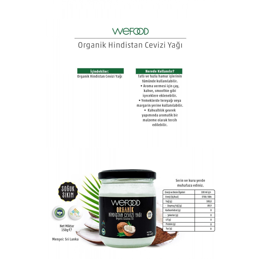 Organik Hindistan Cevizi Yağı 150 ml (Soğuk Sıkım)