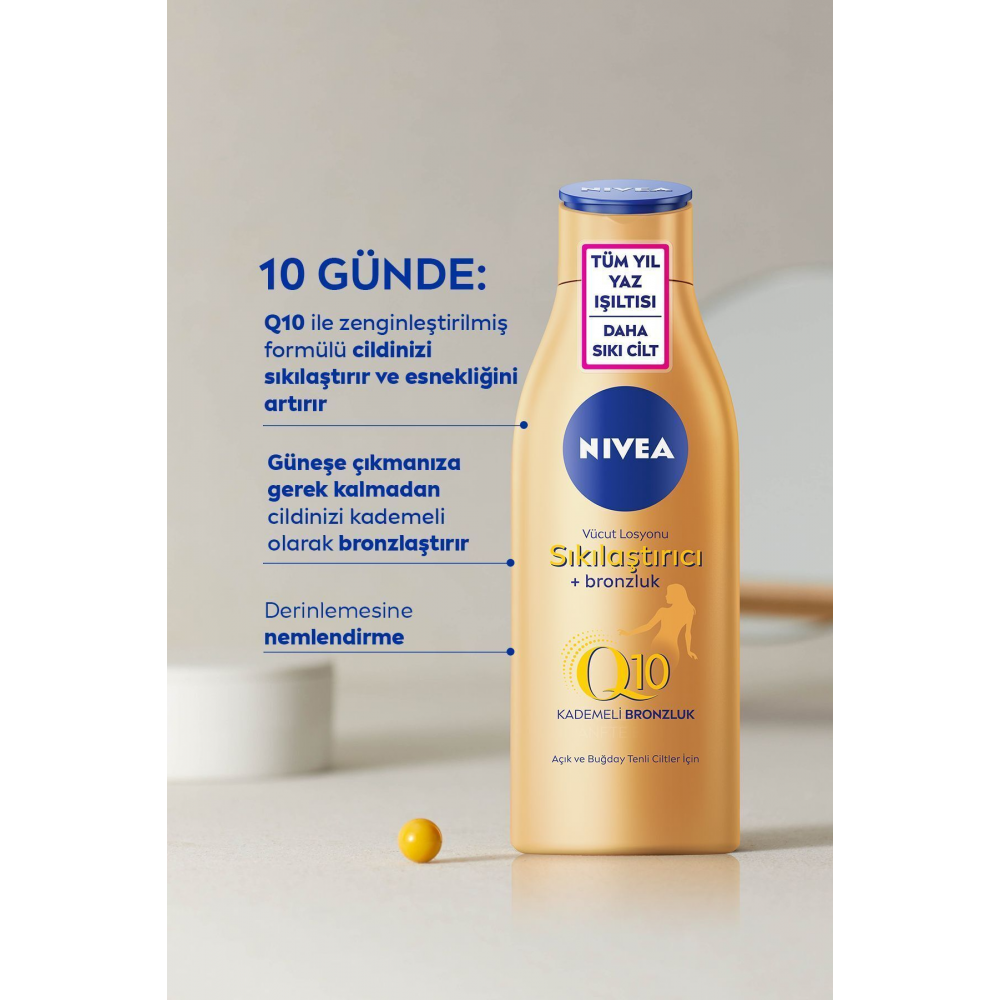 Q10 Sıkılaştırıcı ve Bronzlaştırıcı Vücut Losyonu 200ml, Kademeli Bronzluk, 10 Günde Sıkılaş