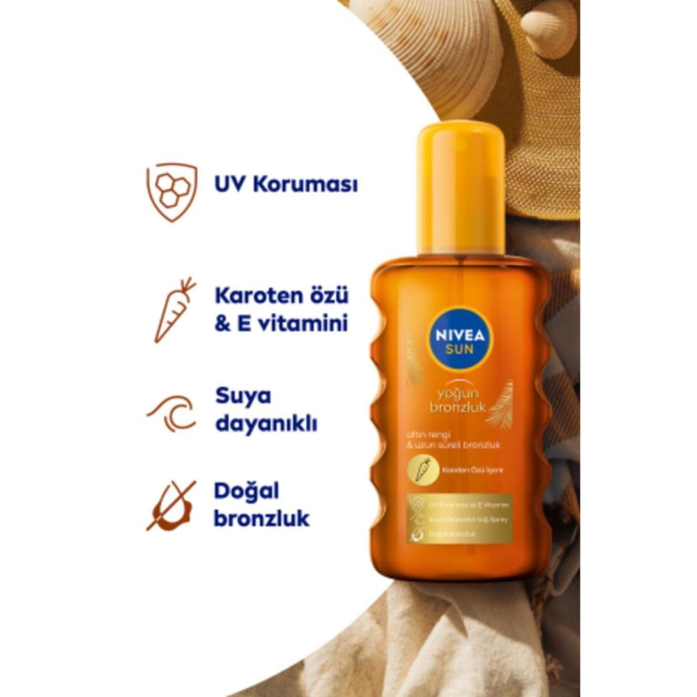 Sun Karoten Özlü Yoğun Bronzlaştırıcı Güneş Yağ Sprey 200ml, E Vitamini, Uva Uvb, Doğal Bronzluk