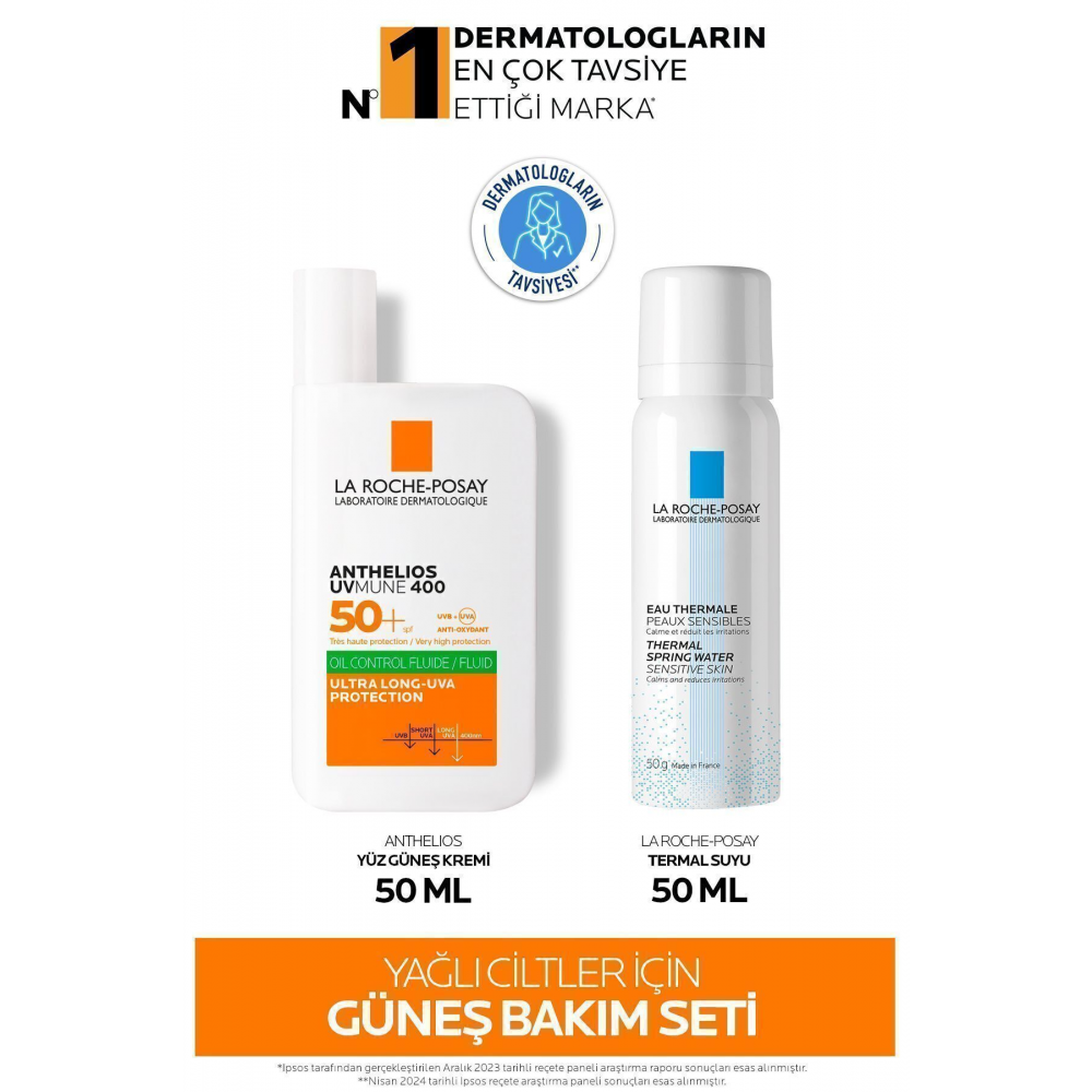 Yağlı Ciltler İçin Güneş Bakım Seti:Anthelios Oil Control Fluide Yüz Güneş Kremi 50ML&Termal Su 50ML