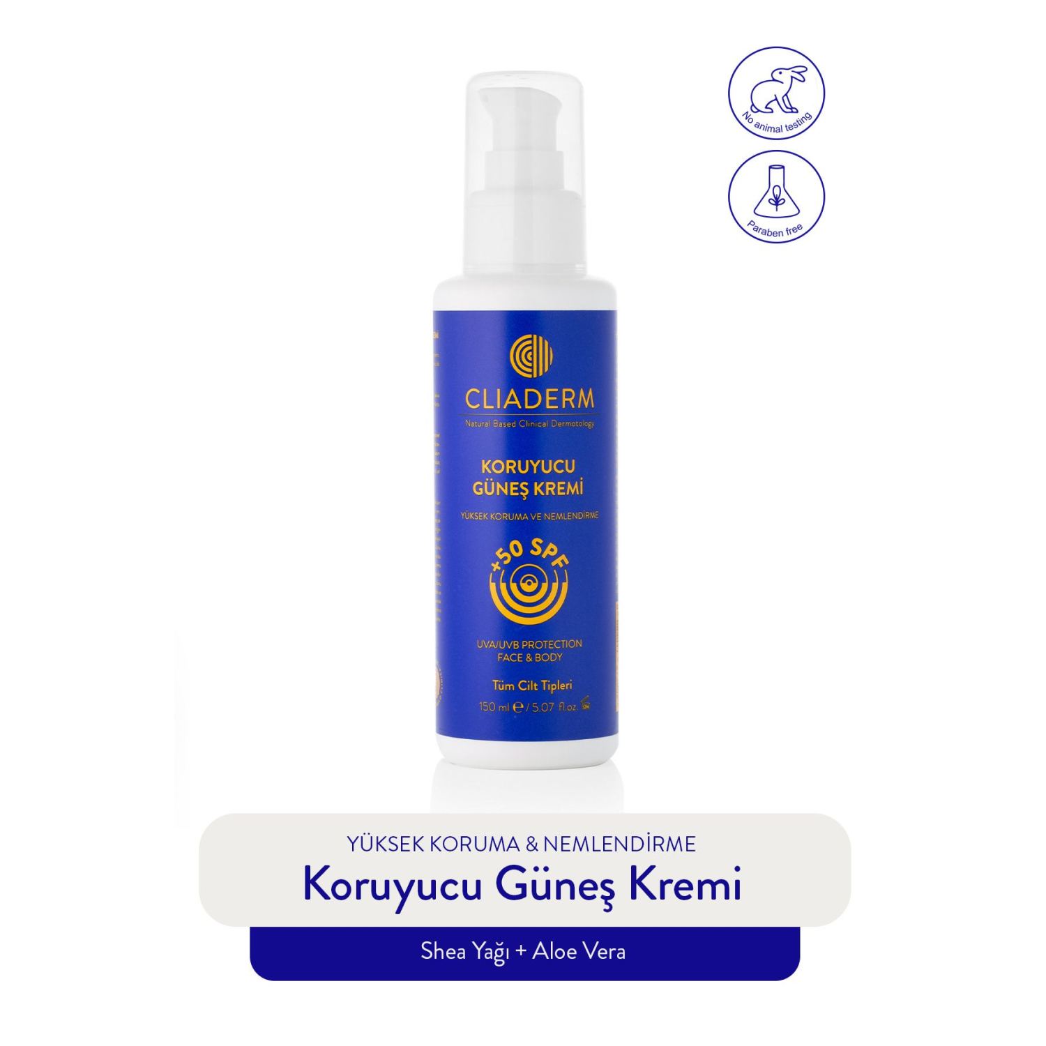 Yüksek Koruma, Leke Karşıtı Spf 50 Yüz & Vücut Güneş Kremi 150 ml (SHEA YAĞI & ALOE VERA)