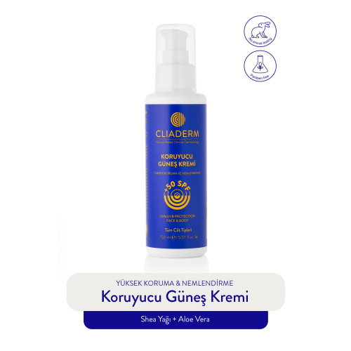Yüksek Koruma, Leke Karşıtı Spf 50 Yüz & Vücut Güneş Kremi 150 ml (SHEA YAĞI & ALOE VERA)
