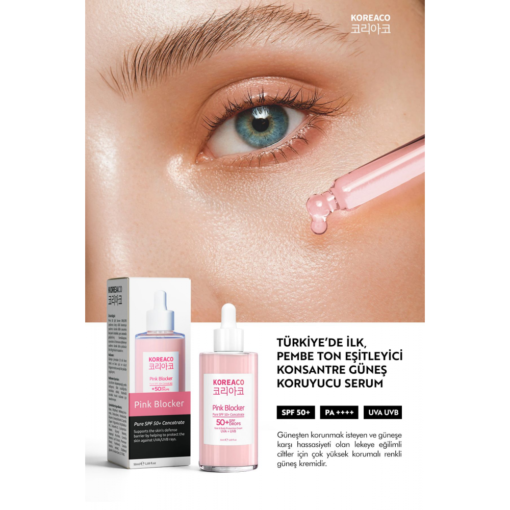 Blocker Pink %100 Saf SPF 50+ Ton Eşitleyici Yüksek UVB+UVA Korumalı 50ml Güneş Serumu
