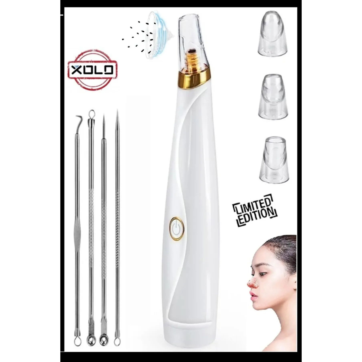 3 Başlıklı Pilli Pore Cleaner Vakumlu Siyah Nokta Dedektörü Cilt Temizleyici ve 4'lü Çelik Komedon