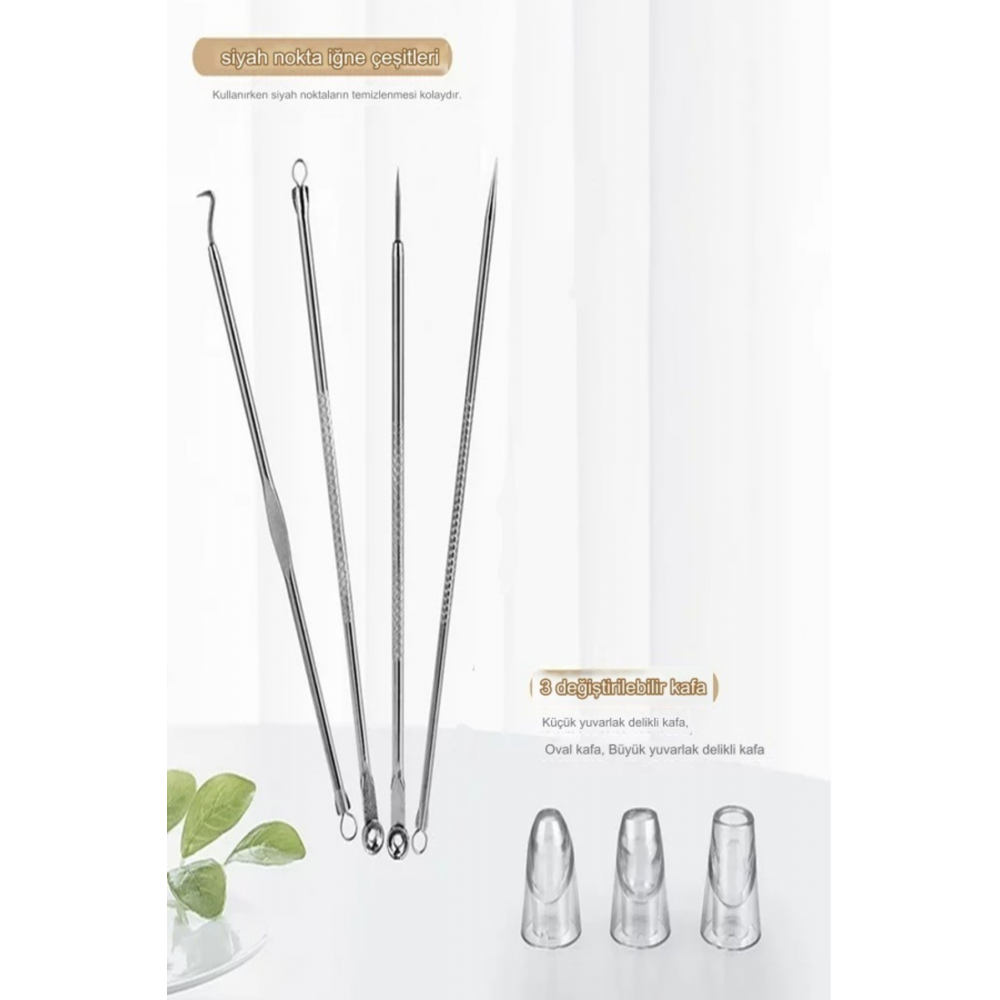 3 Başlıklı Pilli Pore Cleaner Vakumlu Siyah Nokta Dedektörü Cilt Temizleyici ve 4'lü Çelik Komedon