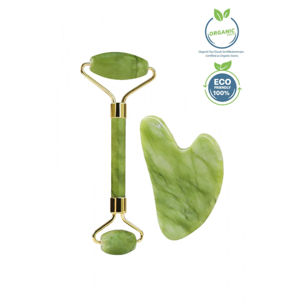 Yeşim Face Roller ve Kalp Gua Sha Yüz Masaj Aleti Seti Premium Doğal Taş Sertifikalı