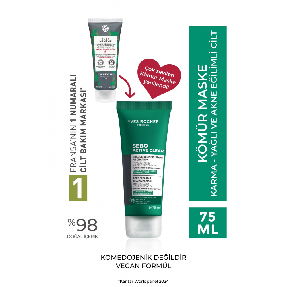 Arındırıcı Siyah Nokta Karşıtı Kömür Maske-Süksinik Asit-Sebo Active Clear Botanik Kompleks-75ml