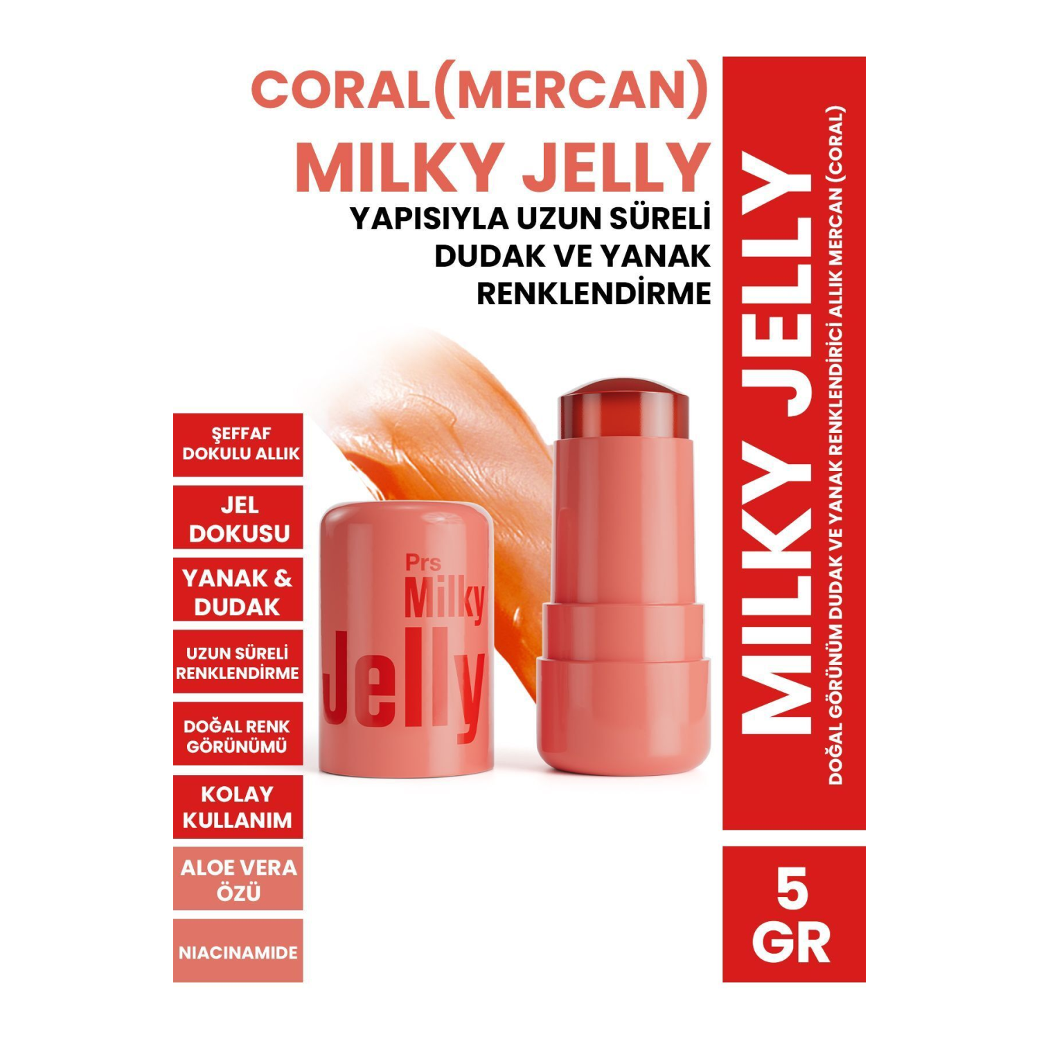 Milky Jelly Doğal Görünüm Dudak ve Yanak Renklendirici Allık Mercan (Coral) 5 GR