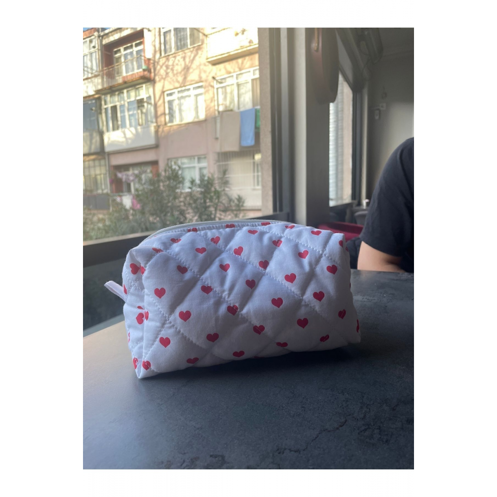 Kalp Desenli Makyaj Çantası - Büyük Boy