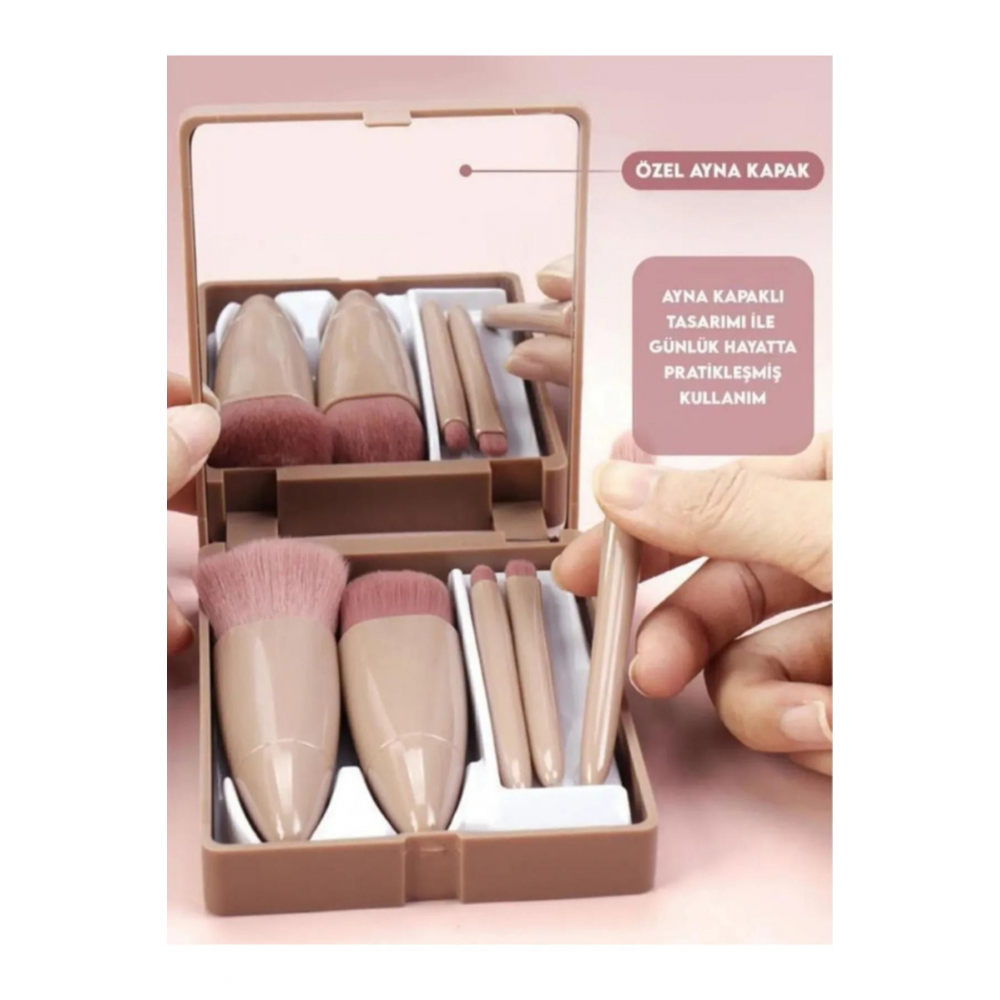 Taşınabilir Aynalı 5'li Makyaj Fırça Seti Göz Farı, Fondöten, Allık Karıştırma, Makyaj Fırçaları