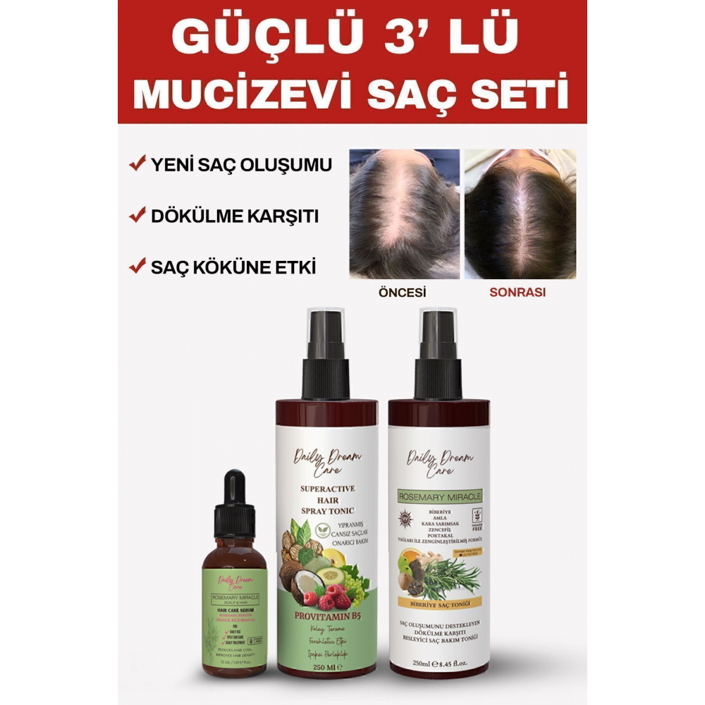 Güçlü 3’lü Mucizevi Saç Seti Biberiye Tonik Sirkeli Tonik Biberiye Kompleks Yağ 30 ml