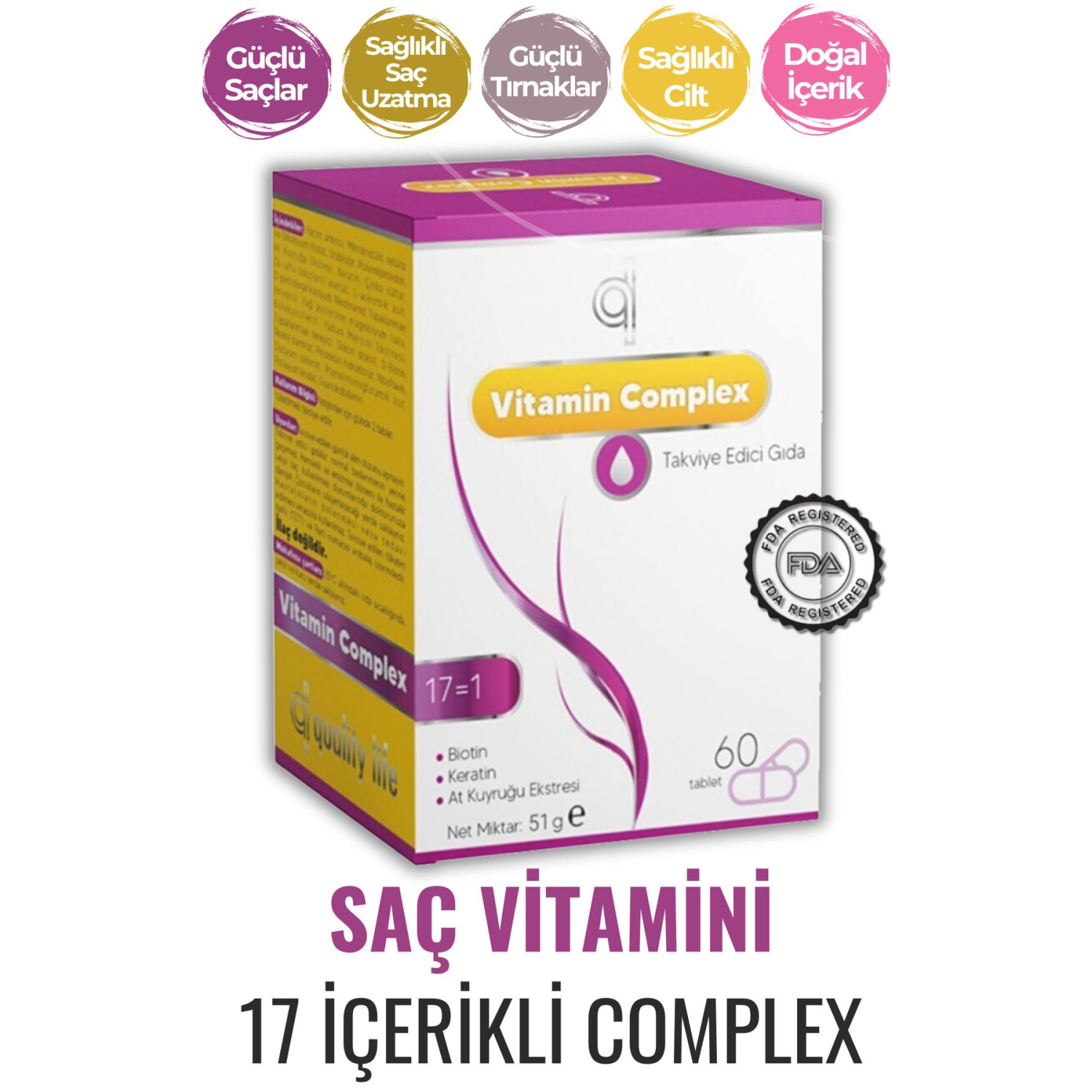 Ql Hair Vitamin Complex 60 Tablet Biotin Keratin Selenyum Çinko Folik Asit Saç Dökülmesi Vitamini