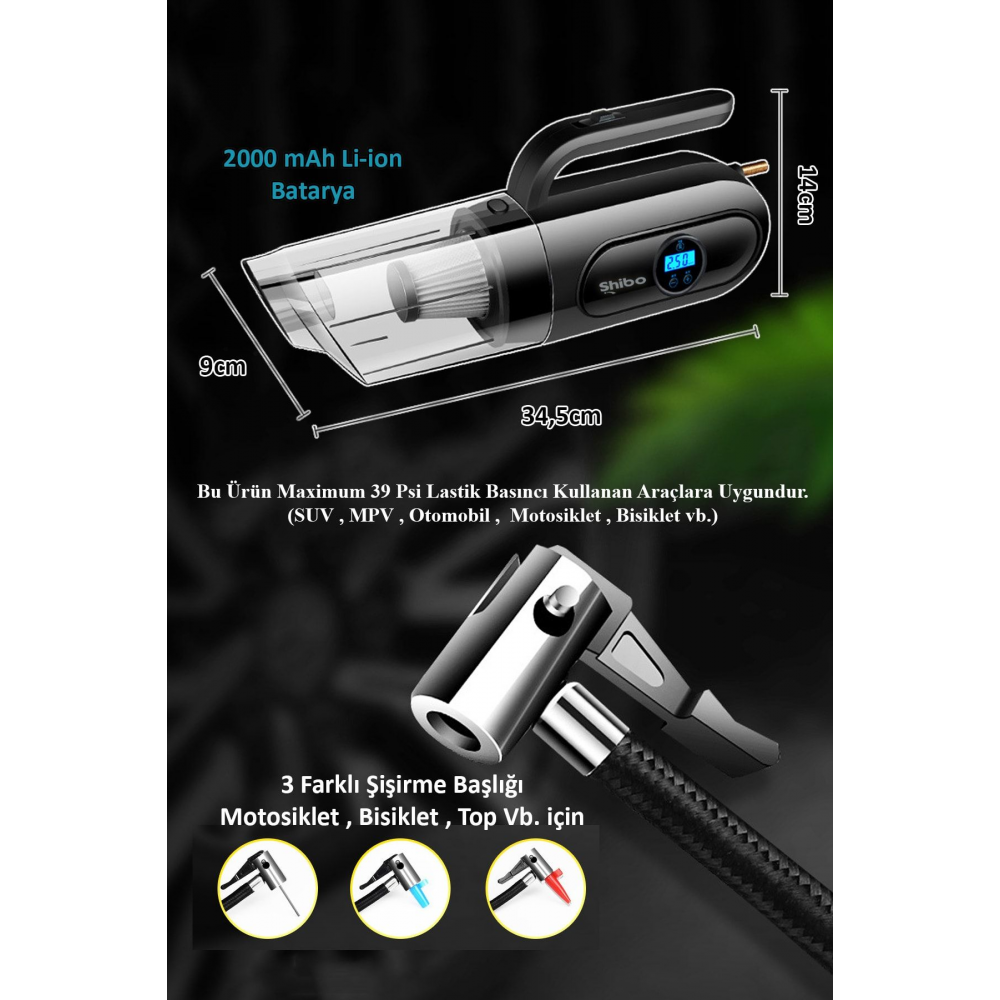 Şarjlı Kablosuz Araç Lastik Şişirme Pompası Hava Kompresörü Dijital Ekran & Araç İçi Süpürge