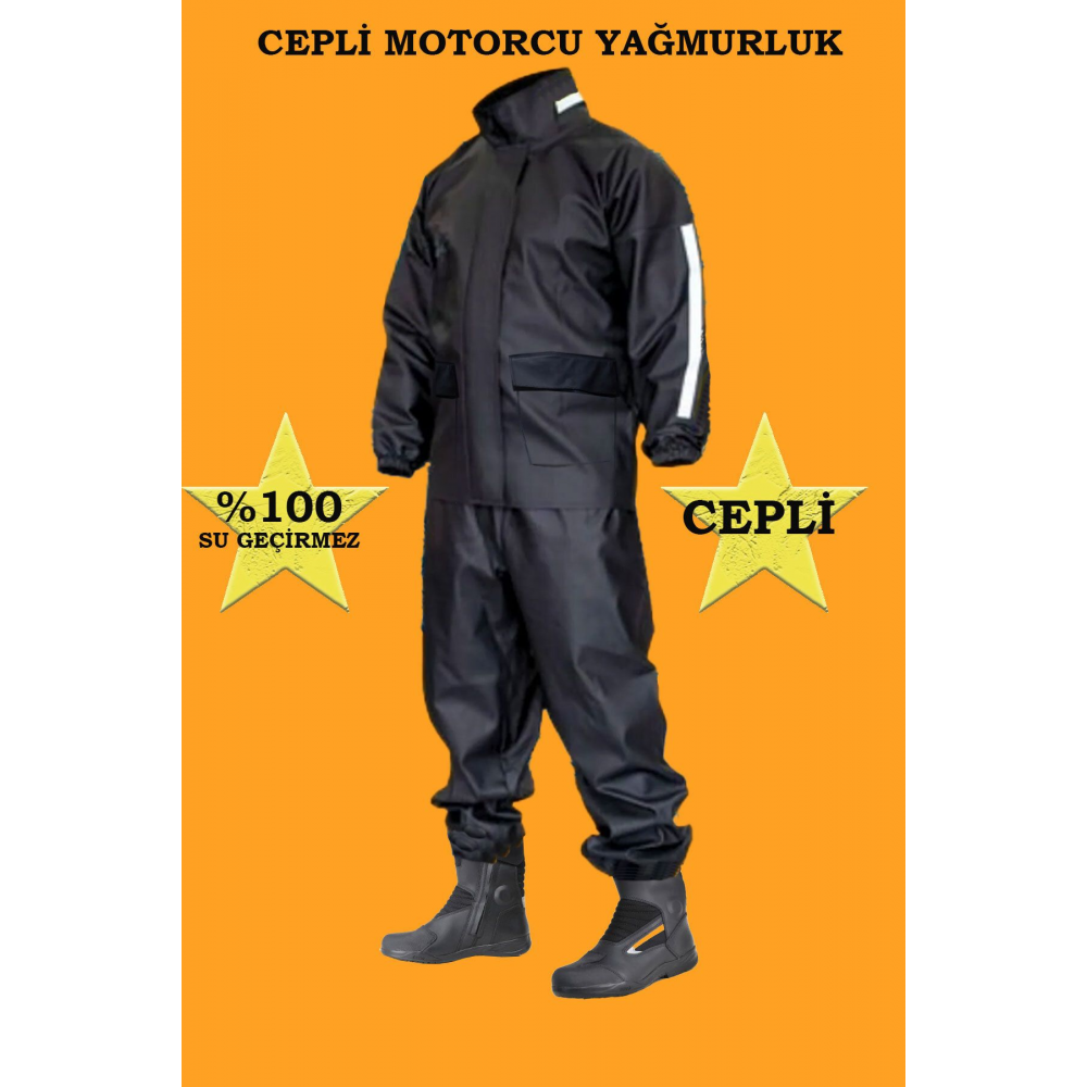 Motorcu Yağmurluk Takım (CEPLİ) Su Geçirmez Ekstra Esnek, Sağlam ve Hafif Pvc Kumaş, Kurye Yağmurluk