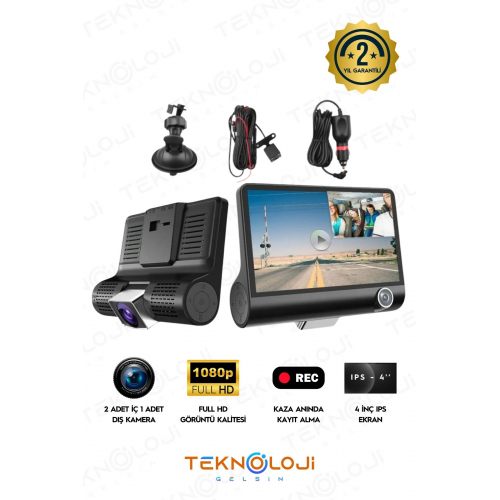 Araç İçi Kamera 4'' Lcd Ekran 3 Kameralı 170° Geniş Açı 1080p G-Sensör Gece Görüşlü Uyumlu Yol Kayıt