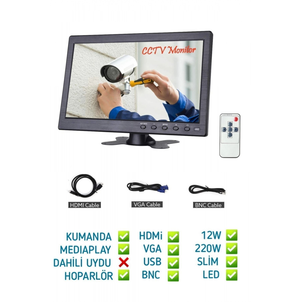 10 Inç Araç Ve Televizyon Lcd Bilgisayar Monitör Hdmı Vga Girişli Ekran