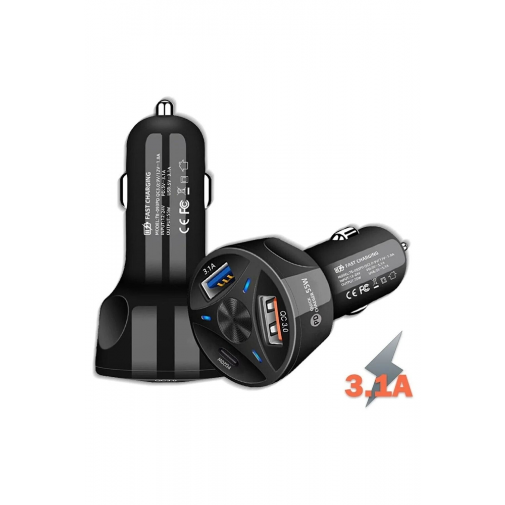 Araç Çakmaklık Şarjı 2 Usb + 20w Pd Şarj Çıkışlı Hızlı Şarj Destekli 55w Qc 3.0