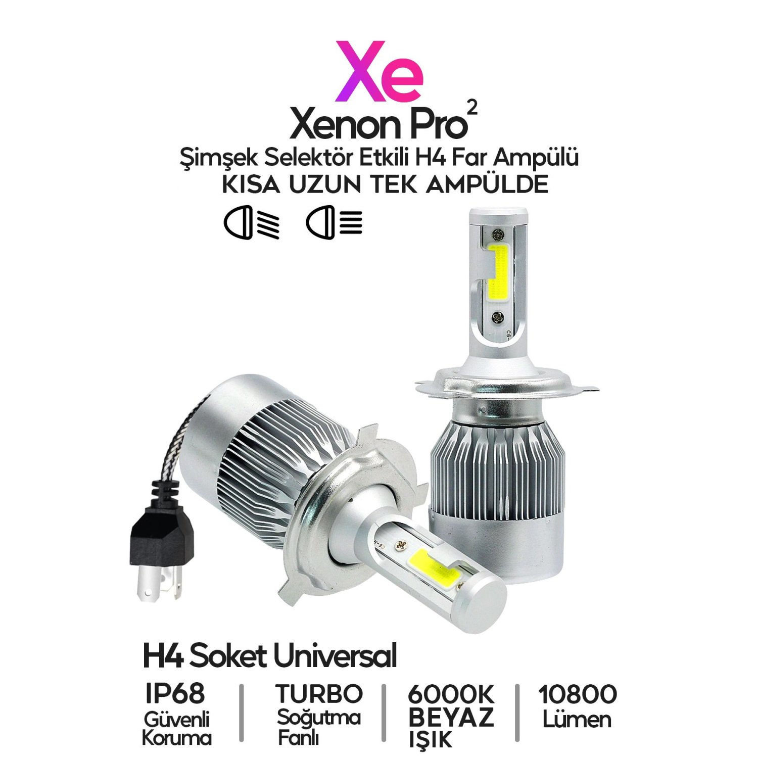 2023 Yeni Model - Zenon H4 Led Araba Far Ampül Xenon Led Uzun Kısa 10800 Lümen Şimşek Etkili 6000k