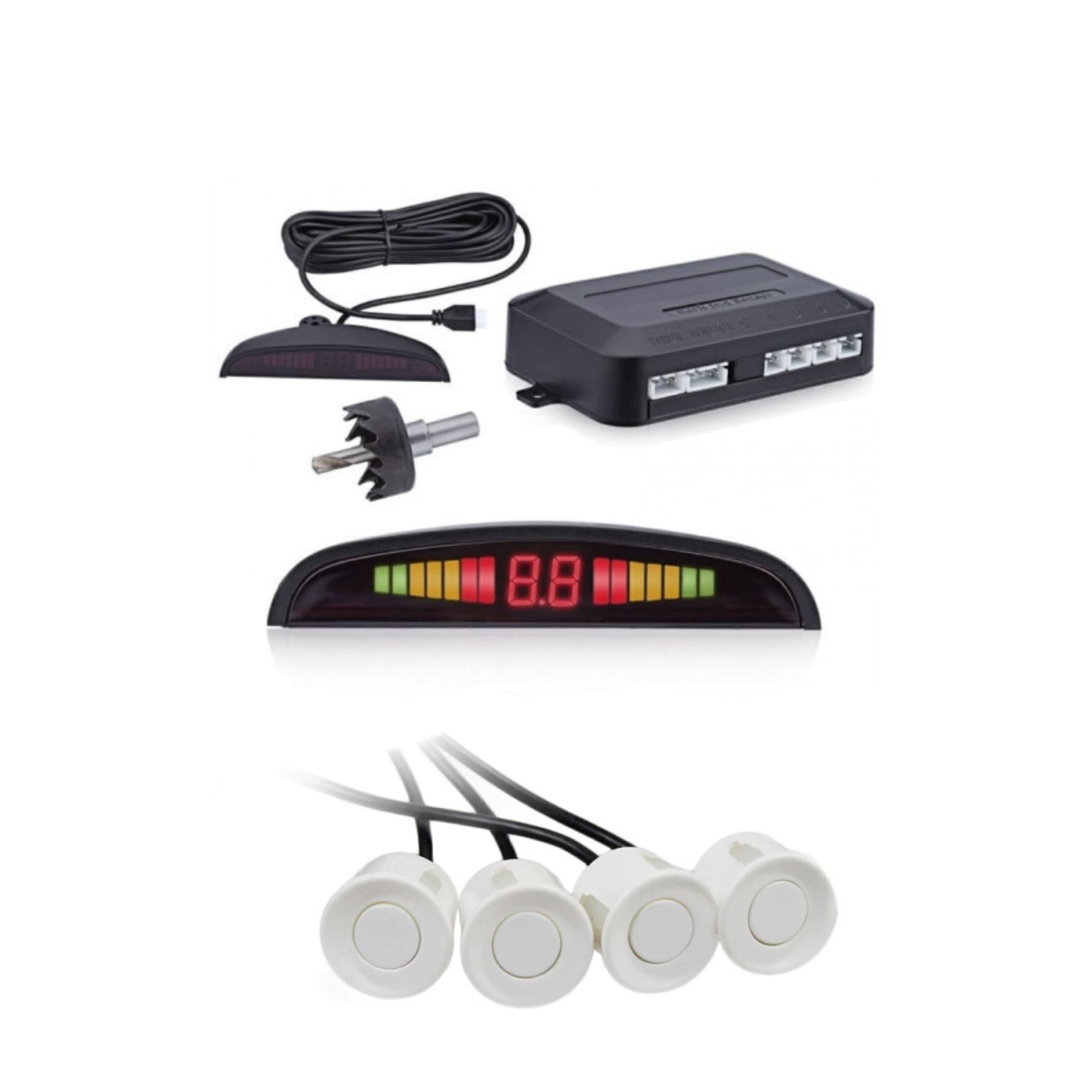 Dijital Ekranlı Araç Park Sensörü Ses İkazlı 4 Sensörlü Beyaz