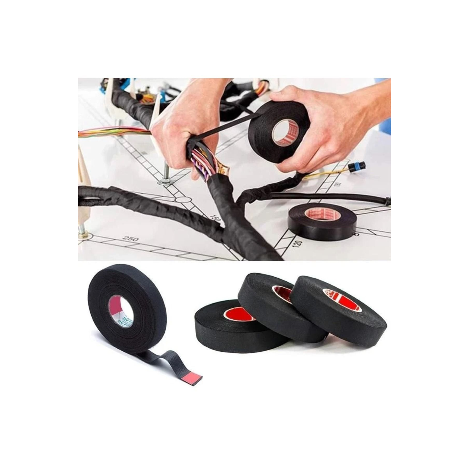 Alman Otomotiv Kullanılan Kablo Yanmaz Tüylü Bez Bant 19mm X 15 Mt Sıyah Alev Gecıktırıcı