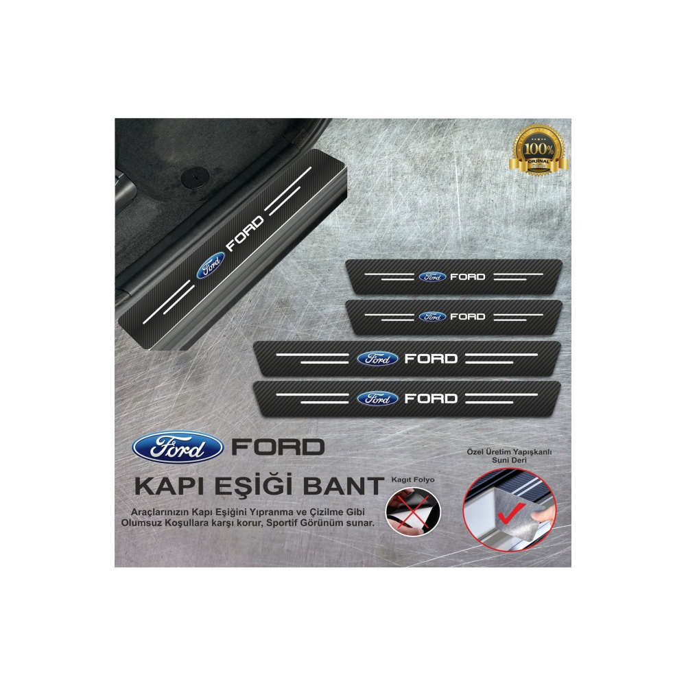 FORD Logolu UV Baskılı Karbon Kapı Eşiği Koruyucu Suni Deri 4'lü Set