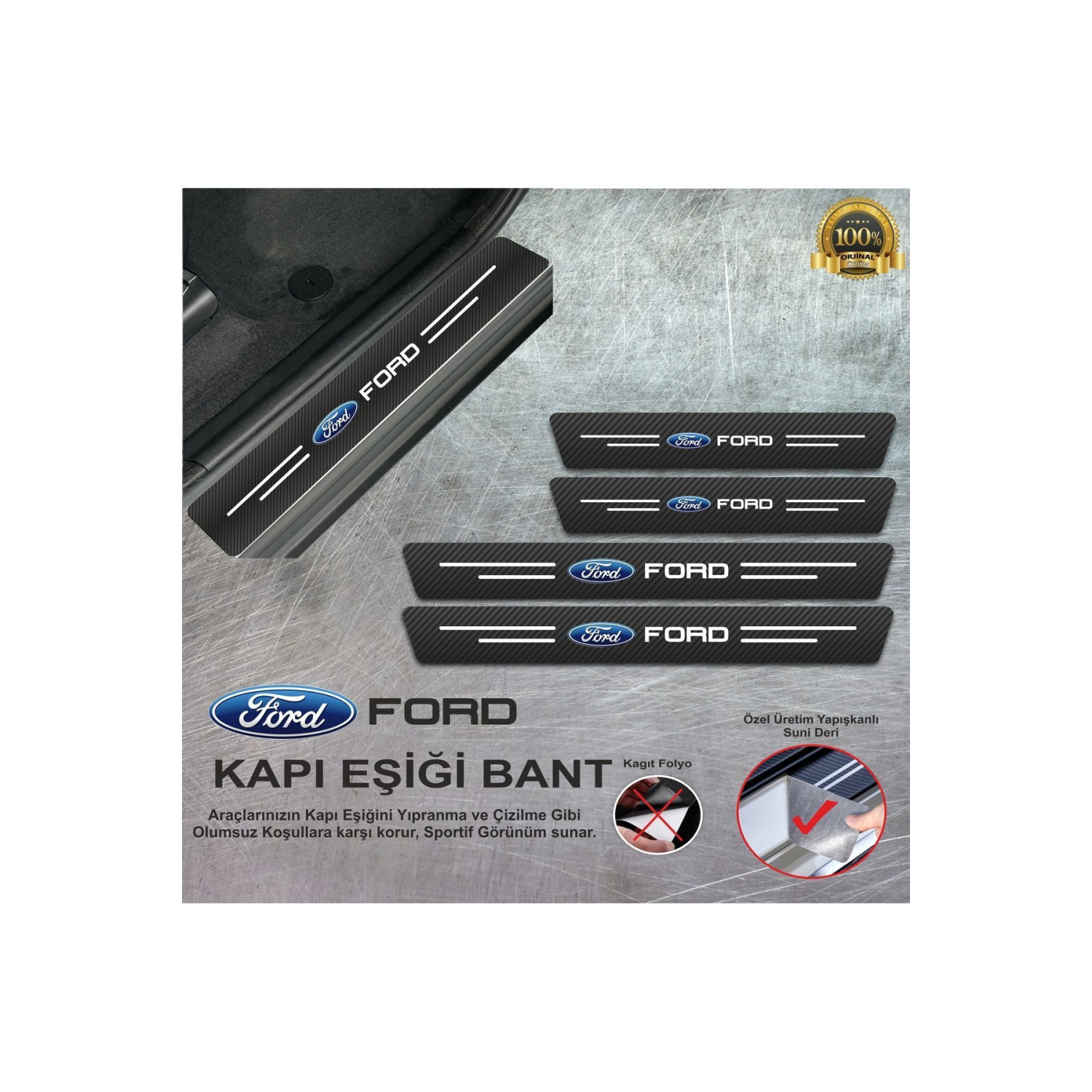 FORD Logolu UV Baskılı Karbon Kapı Eşiği Koruyucu Suni Deri 4'lü Set
