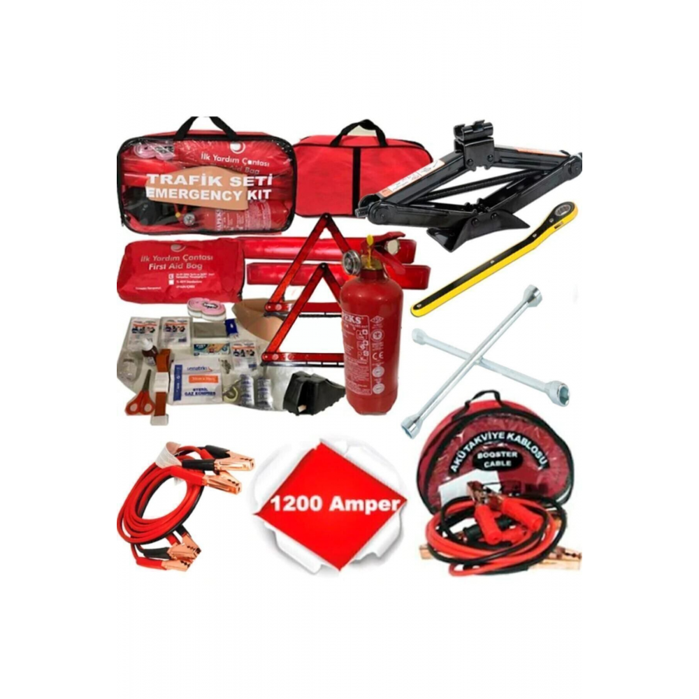 Dörtlü Ürün Trafik Seti+çantalı Akü Takviye Kablosu+kriko+bijon Anahtarı