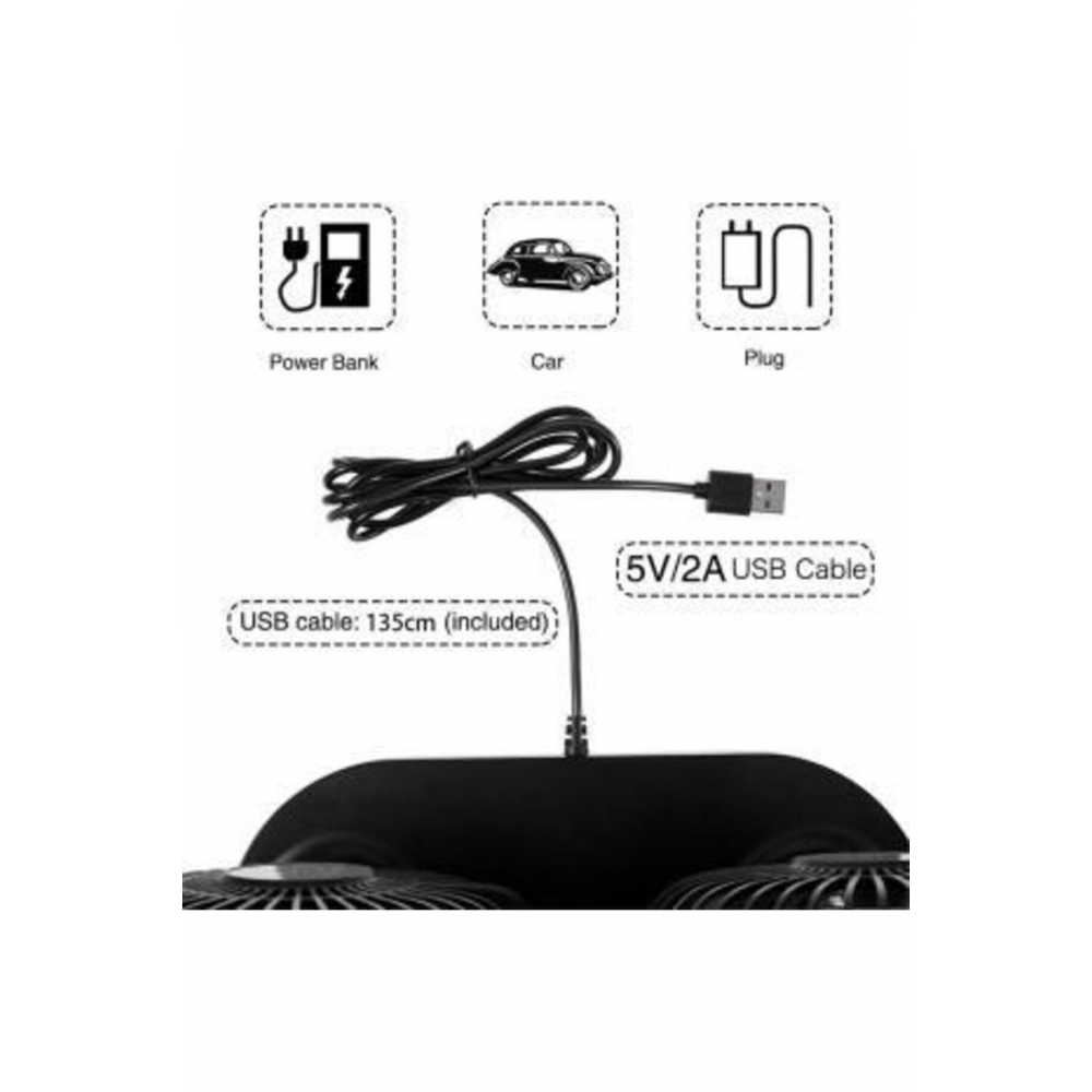 3 Kademeli Çift Başlı 360 ° Dönebilen Araç Fanı Oto Fan Soğutucu Vantilatör Usbli