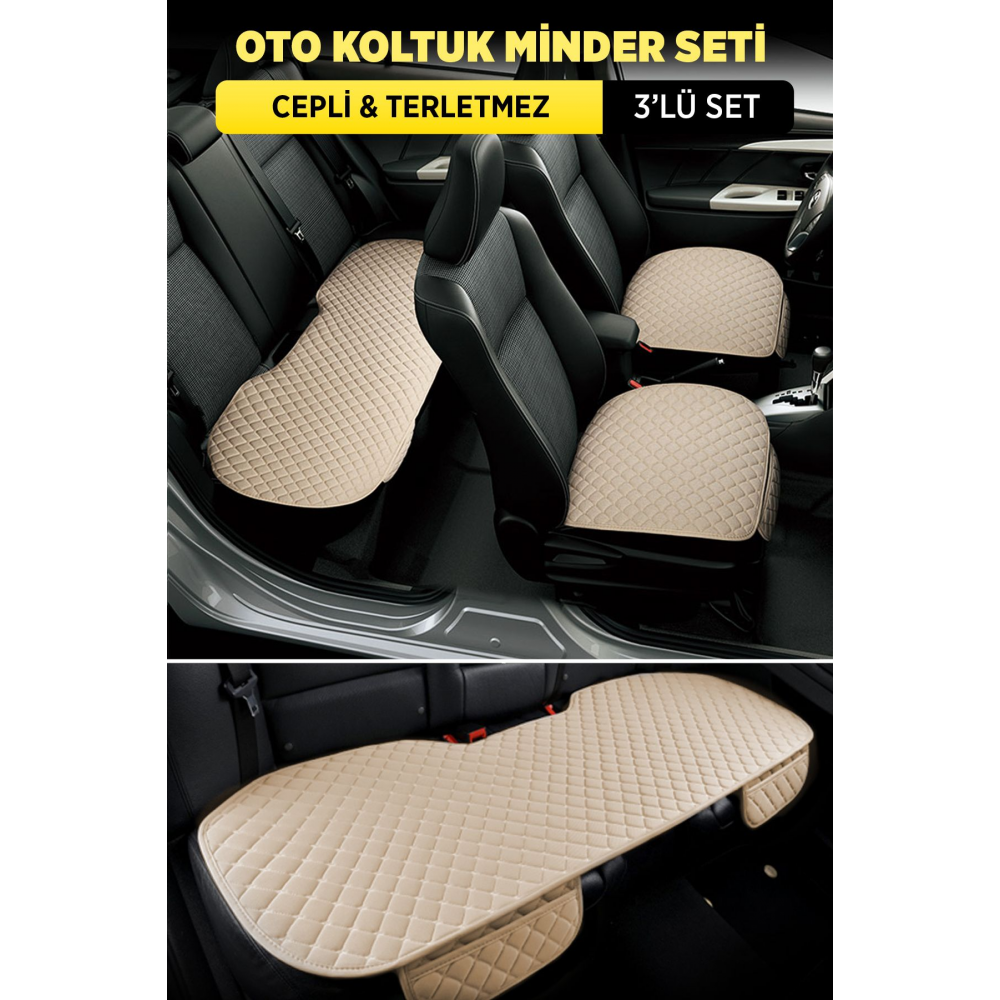 Tay Tüyü Cepli & Terletmez Oto Koltuk Minder Seti - Koltuk Koruma Kılıfı (3'lü Set)