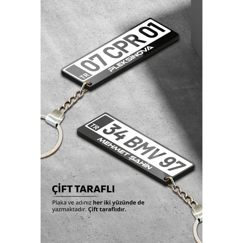 Kişiye Özel Pleksi Beyaz Plaka Anahtarlık - Çift Taraflı