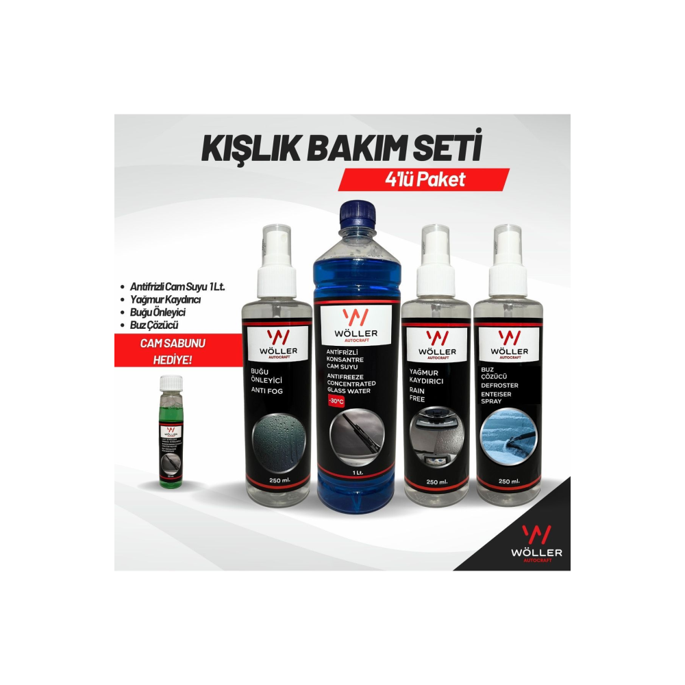 Kışlık Oto Bakım Seti 4'lü Paket Antifrizli Cam Suyu Buğu Önleyici Buz Çözücü Yağmur Kaydırıcı