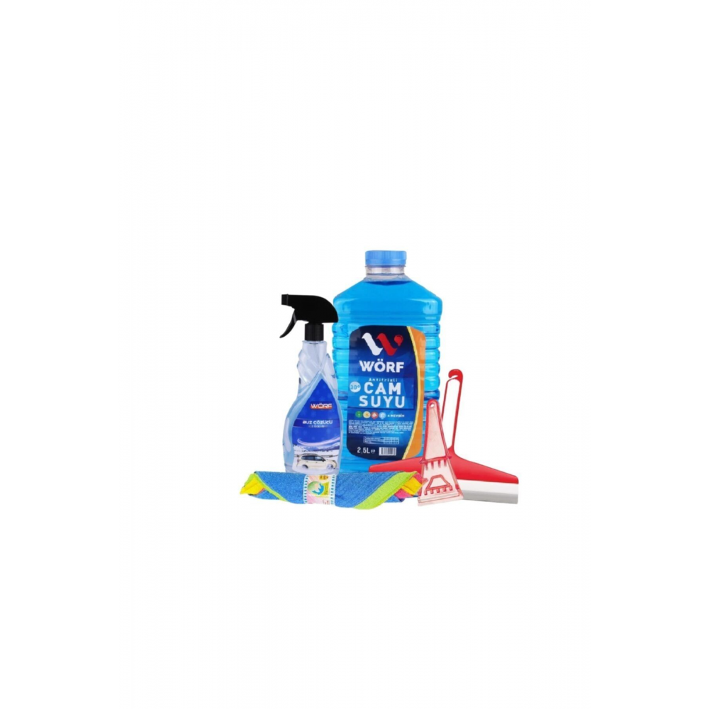 Kışlık Oto Bakım Seti 2,5 Lt. -30°c Cam Suyu & Buz Çözücü & Buz Kazıyıcı & Çekçek & 4'lü Bez