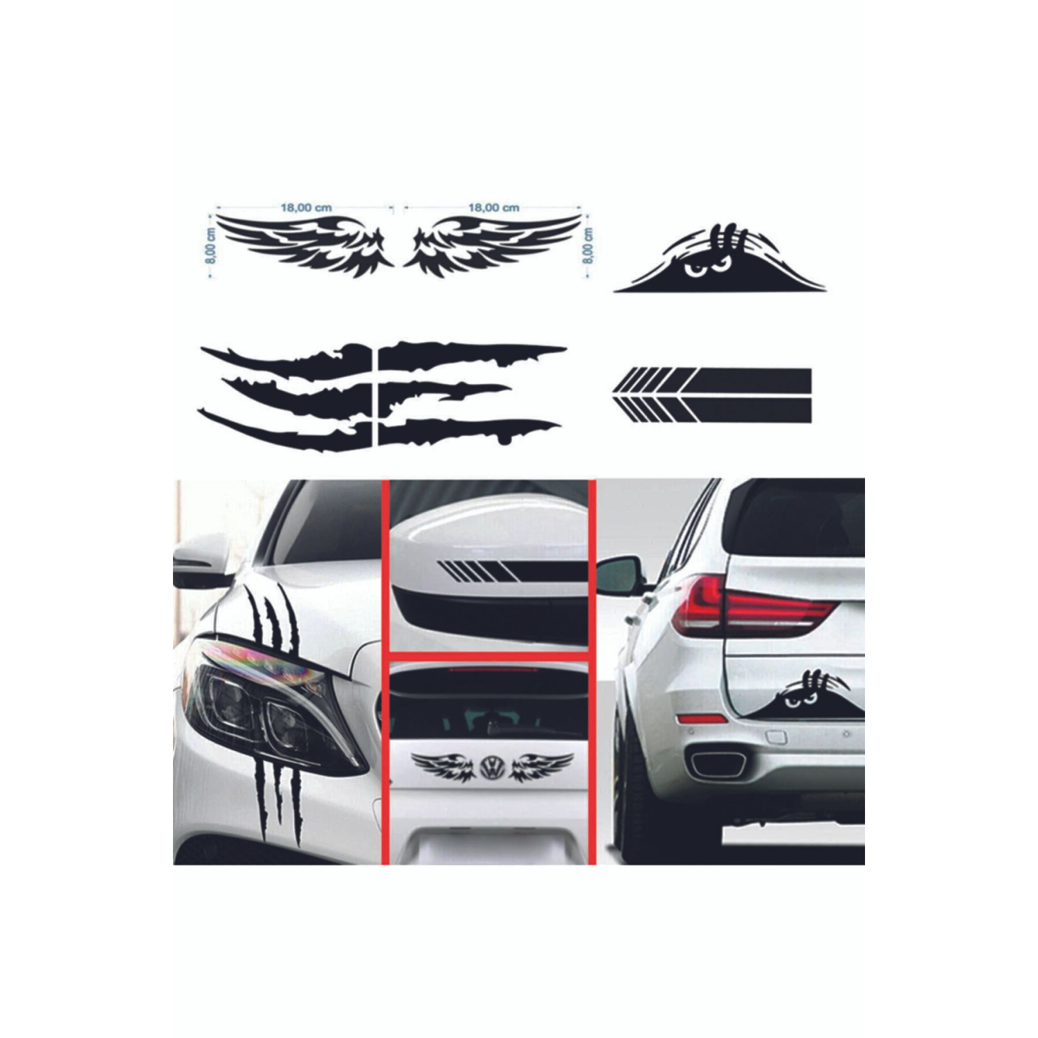 Oto Sticker Mega 4lü Paket Dikiz, Kanat, Monster Pençe, Bagaj Sticker