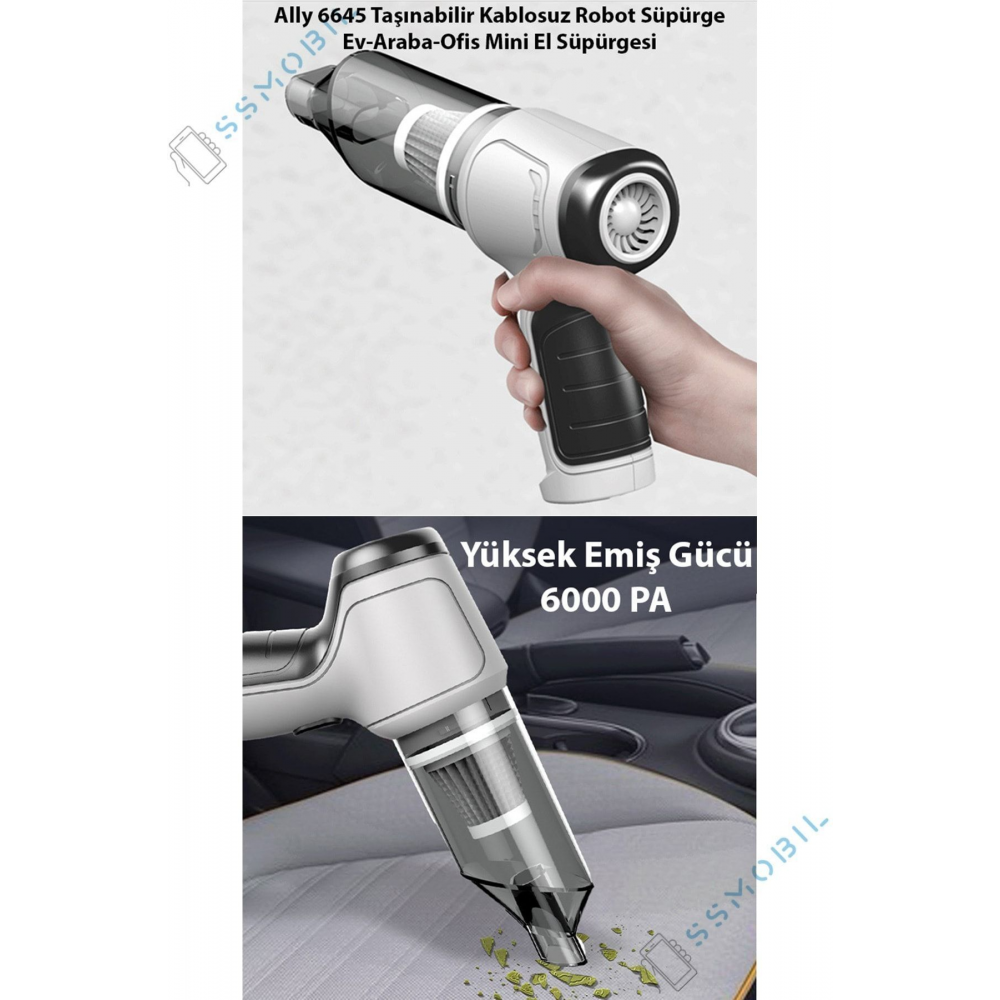 Ally Mini 9000pa Güçlü Emiş Üfleme Özellikli Ev Araç Kablosuz Şarjlı El Süpürgesi 5000mah 120w 2in1