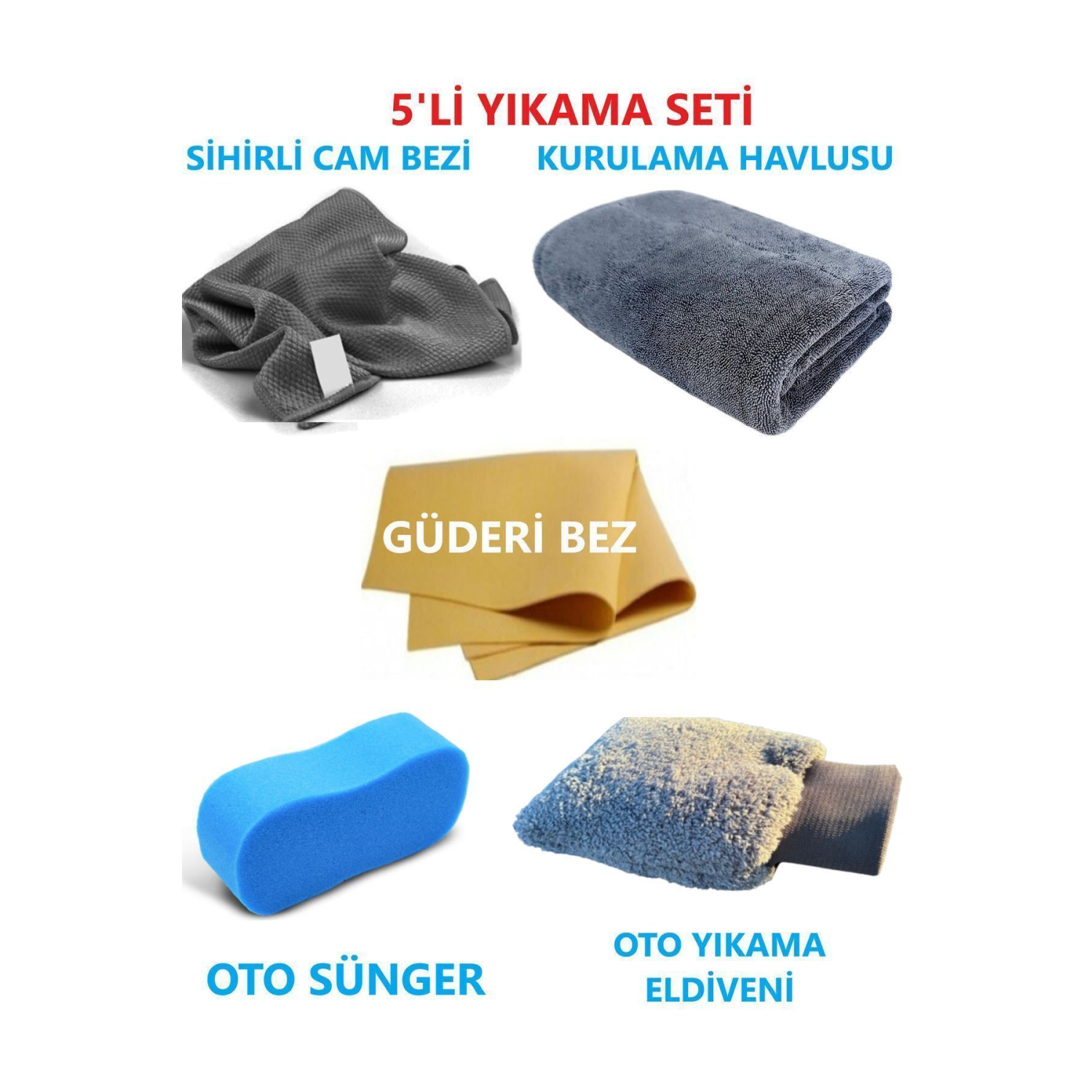 5'li Mikrofiber Oto Yıkama Seti-kurulama Silme Bezi Cam Bezi Güderi Oto Eldiveni Oto Sünger