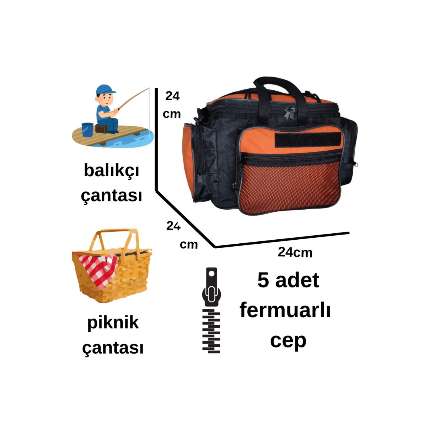 5 GÖZLÜ BALIK PİKNİK OLTA  BALIKÇI  SİYAH TURUNCU OMUZ ÇANTASI