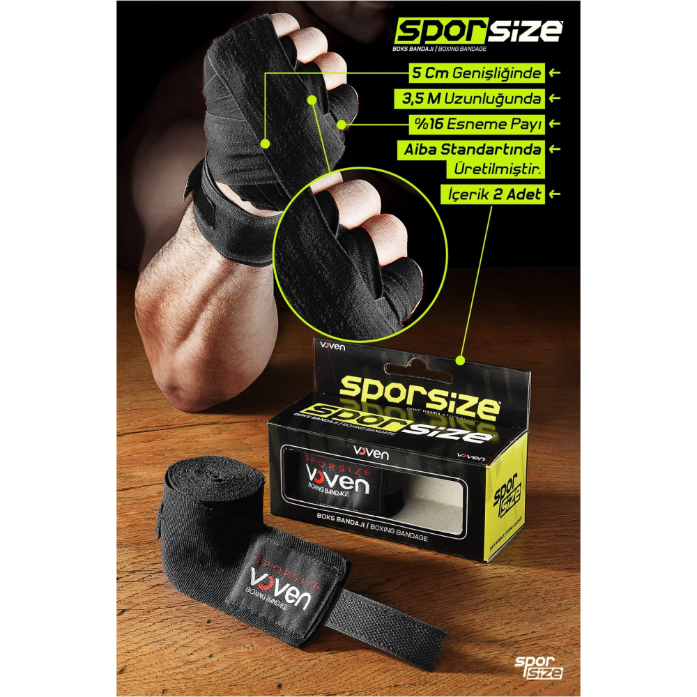 Voven Boxing Muay Thai Bandage Black Boks Bandajı Muay Thai Bandajı El Sargısı Siyah 3,5 Metre