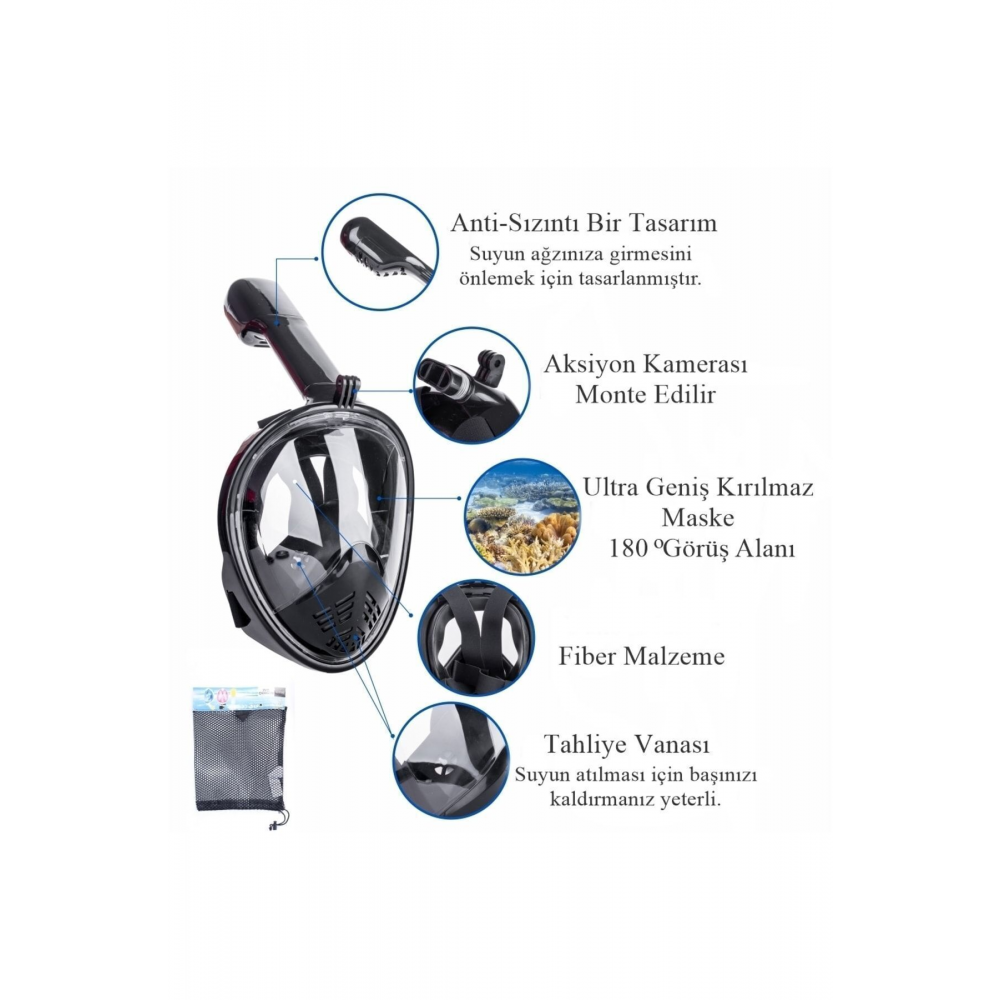 Lxl Siyah Dalış Maskesi Tam Yüz Full Face Şnorkel Anti Sızıntı Ekipmanları 360 Derece Görüntü Slikon