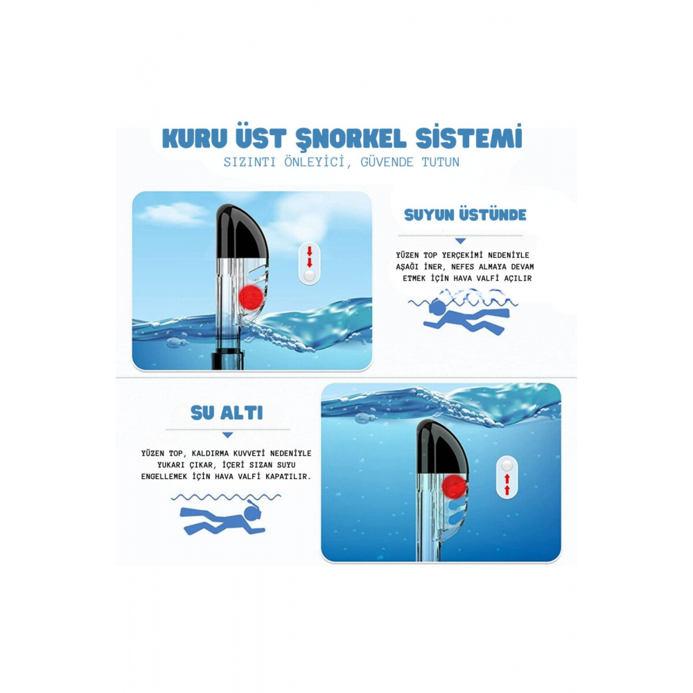 YeniTech-Şnorkel,katlanabilir profesyonel dalış maskesi,kuru üst sistem ve siyah kamera tutuculu,