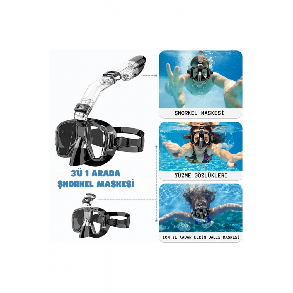 YeniTech-Şnorkel,katlanabilir profesyonel dalış maskesi,kuru üst sistem ve siyah kamera tutuculu,