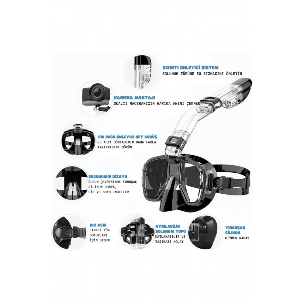 YeniTech-Şnorkel,katlanabilir profesyonel dalış maskesi,kuru üst sistem ve siyah kamera tutuculu,