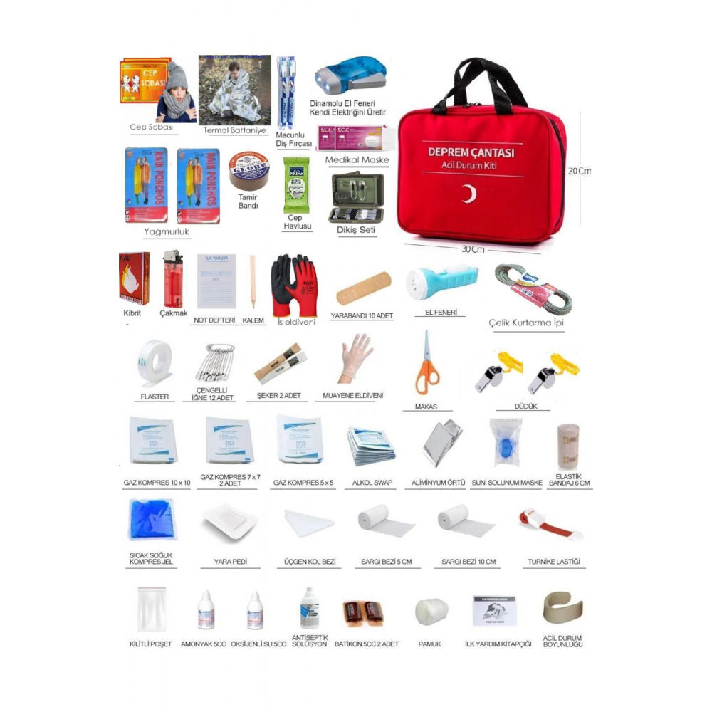 Deprem Çantası Ilkyardım Afet Seti Iki Kişilik Deprem Çantası 50 Ürün 72 Parça Hayatta Kalma Set