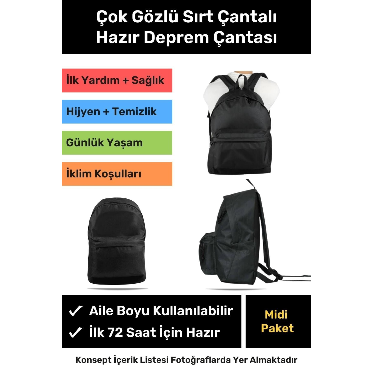 Orijinal Midi Paket Tam Kapsamlı Hazır Deprem Çantası Afet Için Ilk Yardım Acil Durum Yaşam Seti