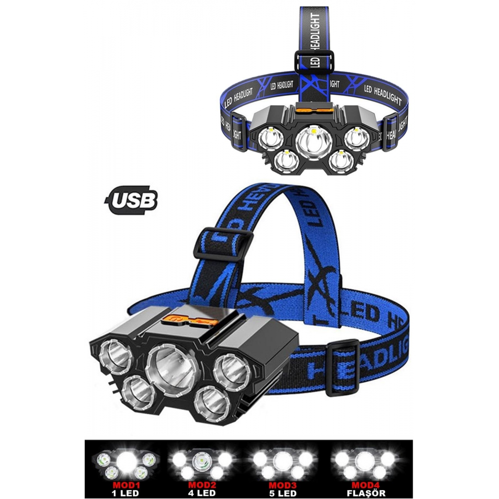150w Led Rc-21 Şarjlı 5 Led 5x T6 Cree Led 36000 Lümen Profosyonel Kafa Feneri Lambası 4 Modlu