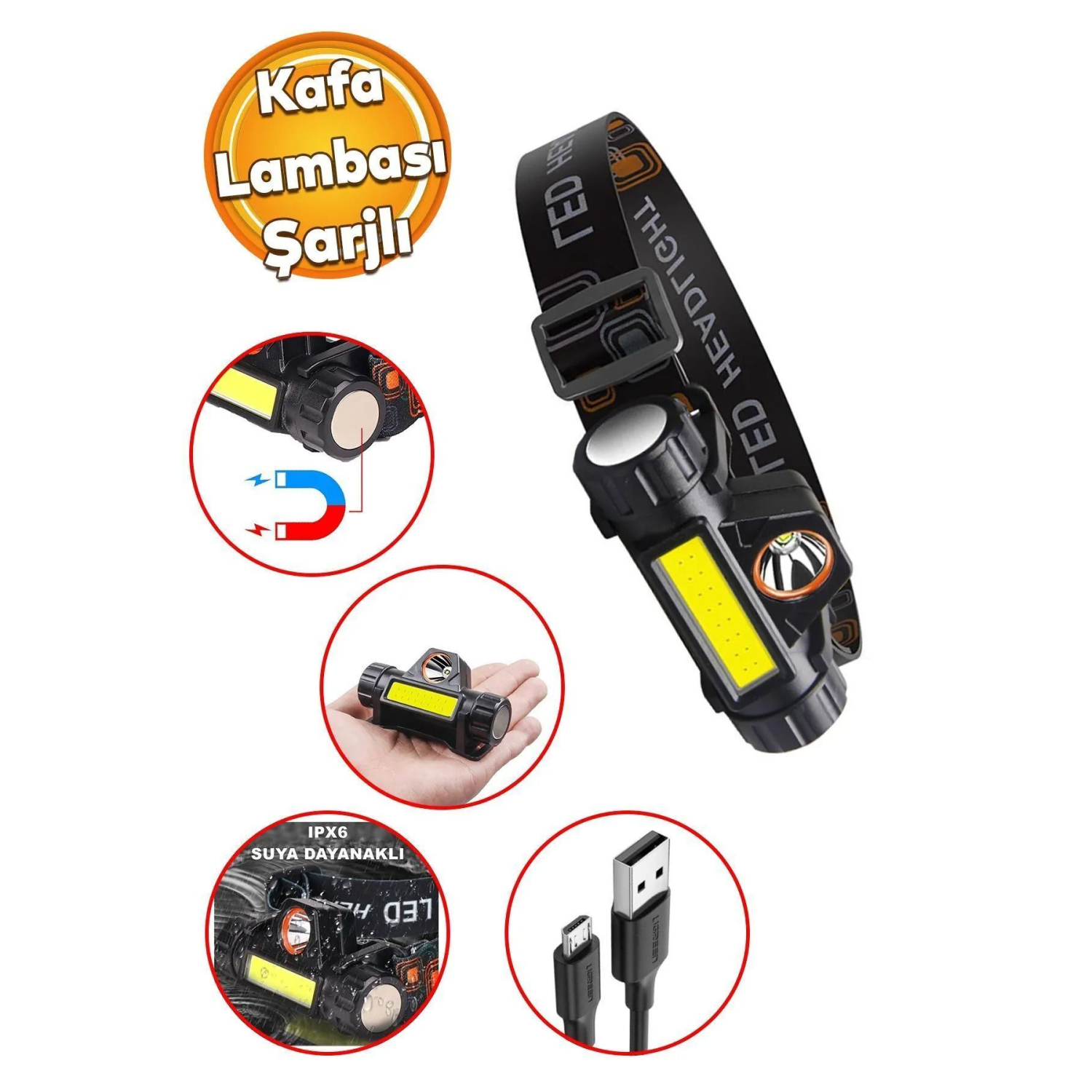 Kafa Feneri Şarjlı Mıknatıslı Lityum Lion Pilli 1200 Lümen Cob Led Kafa Lambası Çalışma Lambası